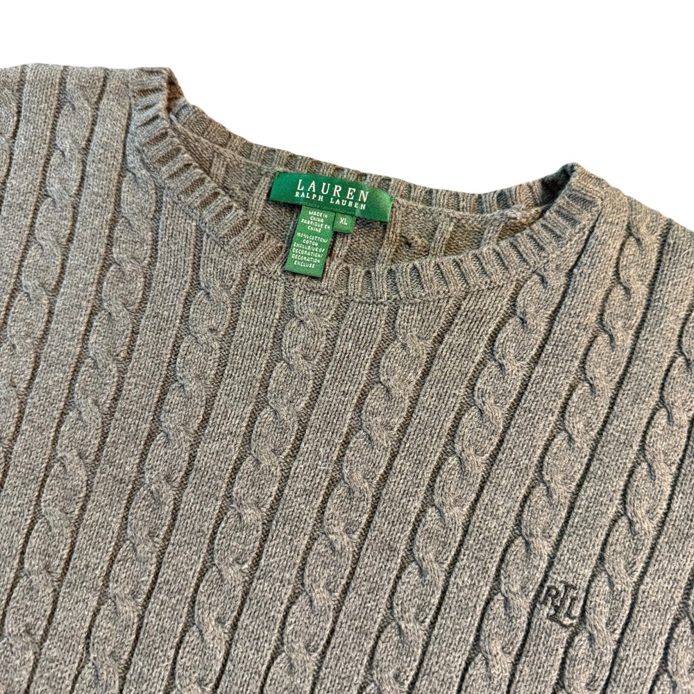 Lauren Ralph Lauren Grey Cable Knit Cotton Sweater XL Embroidered Logo Crew Neck